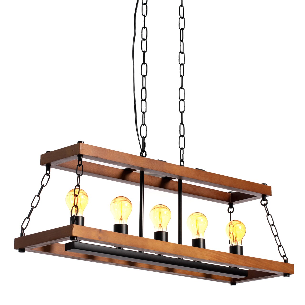 Vintage Industrial Style Wooden Rectangle 5 Bulb Ceiling Hanging Light Fixture, Brown Decorative Chandelier